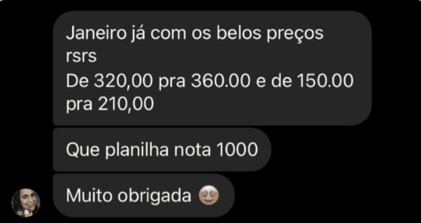 Print de conversa de uma aluna contando que reajustou os preços das peças, de 320 para 360 reais e de 150 para 210 reais, e agradecendo pela planilha