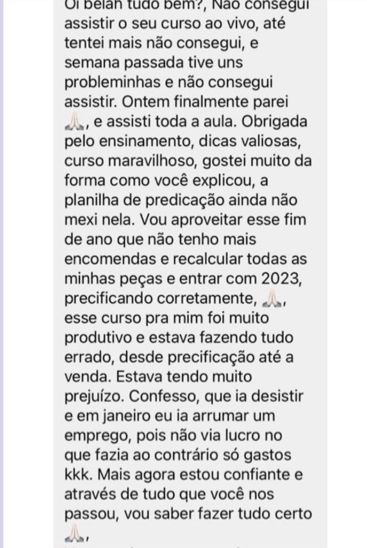 Print de mensagem longa de uma aluna contando que estava tendo muito prejuízo, pensando em desistir do artesanato e arrumar um emprego, até aprender a precificar corretamente