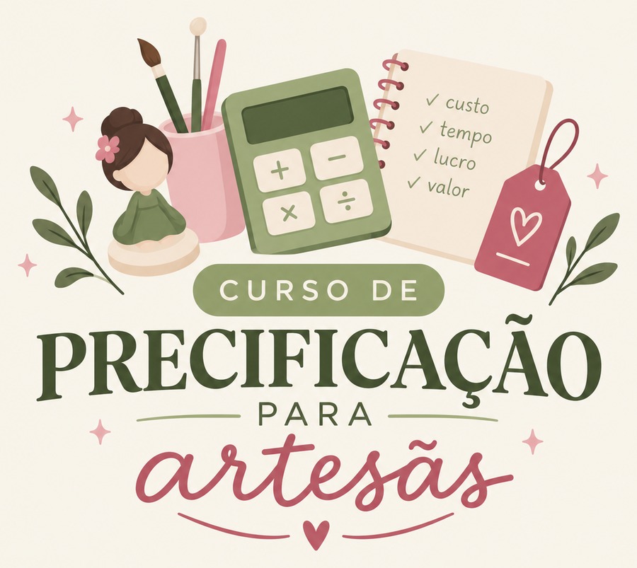 Logotipo do Curso de Precificação para Artesãs: calculadora, caderno com custo, tempo, lucro e valor, etiqueta de preço e uma artesã em biscuit